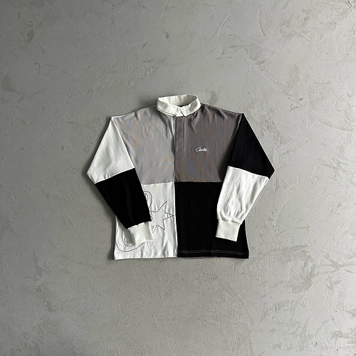 175¥ Color Block Polo Long Sleeve Shirt-Black Gray 